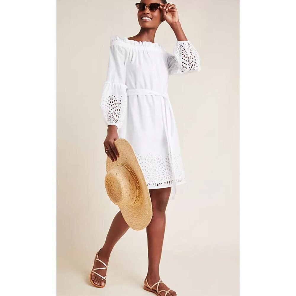 Anthropologie White Cotton Eyelet Lantern Sleeve Off-Shoulder Boho Dress Sz‎ 12